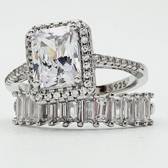 💍 Engagement Radiant CZ Micro Pave Silver Plated Wedding Ring Set,UNVN12329 - Picture 9 of 9